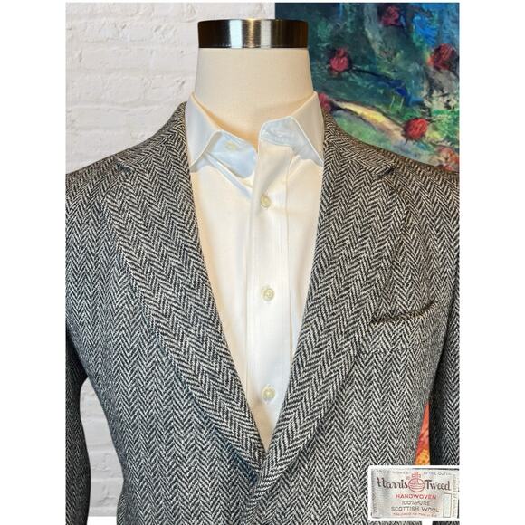 Vintage Harris Tweed 40S Black Handwoven Scottish Wool Unstructured Sport Coat - Picture 3 of 13